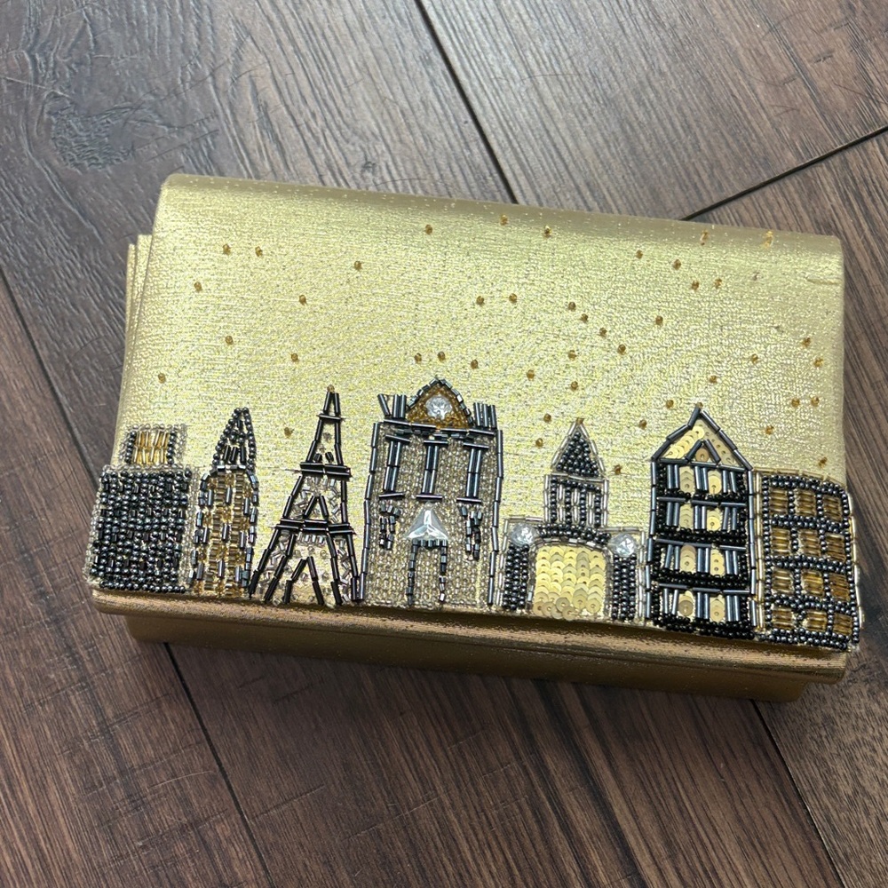 Chic Gold Beaded Cityscape Clutch